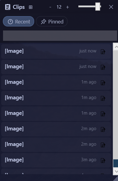 Clipboard overlay showing Recent and Pinned clips