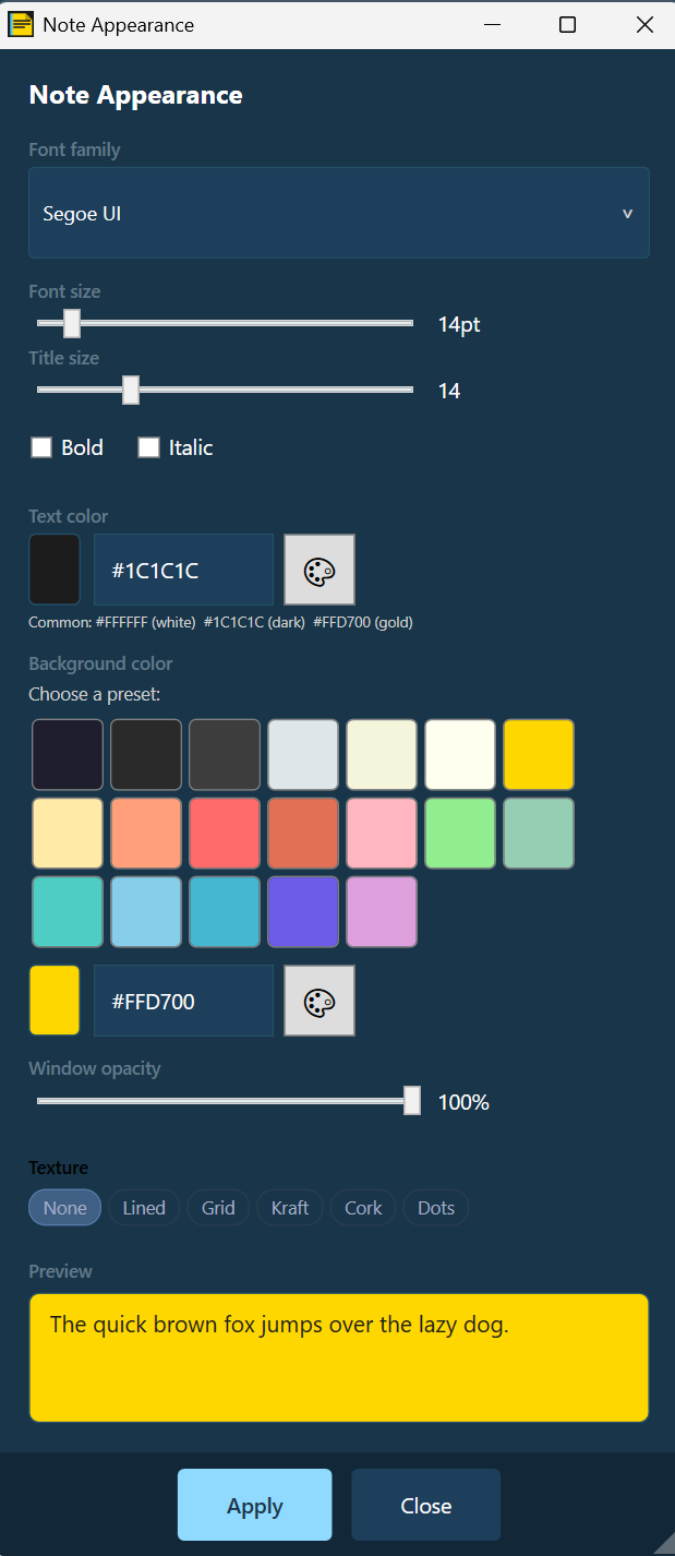 Note Appearance dialog with colour presets and live preview