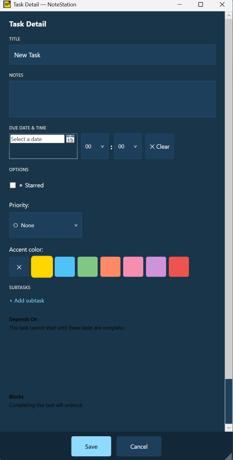 Task Detail with date picker, priority, accent colour, and subtasks