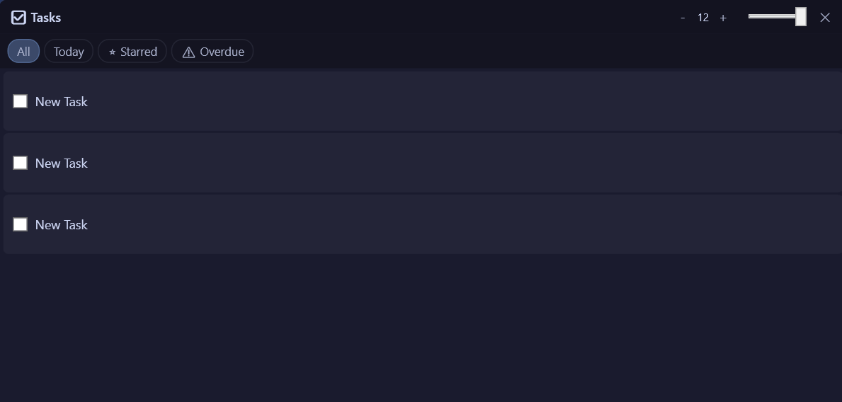 Task overlay showing All, Today, Starred and Overdue filters